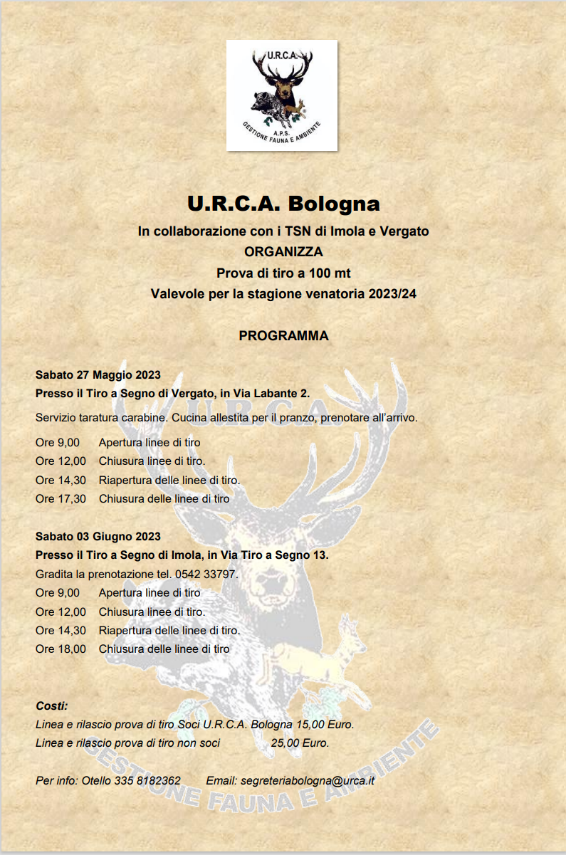 27 maggio 2023 Giornata U.R.C.A. dedicata alle prove di tiro valevoli per la stagione venatoria 2023/24